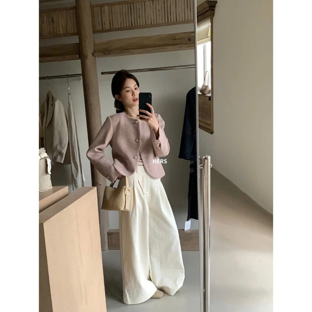 [Hers] Quần denim cotton cạp cao dáng rộng đơn giản, phù hợp đi làm hàng ngày kiểu Hàn Quốc 20273