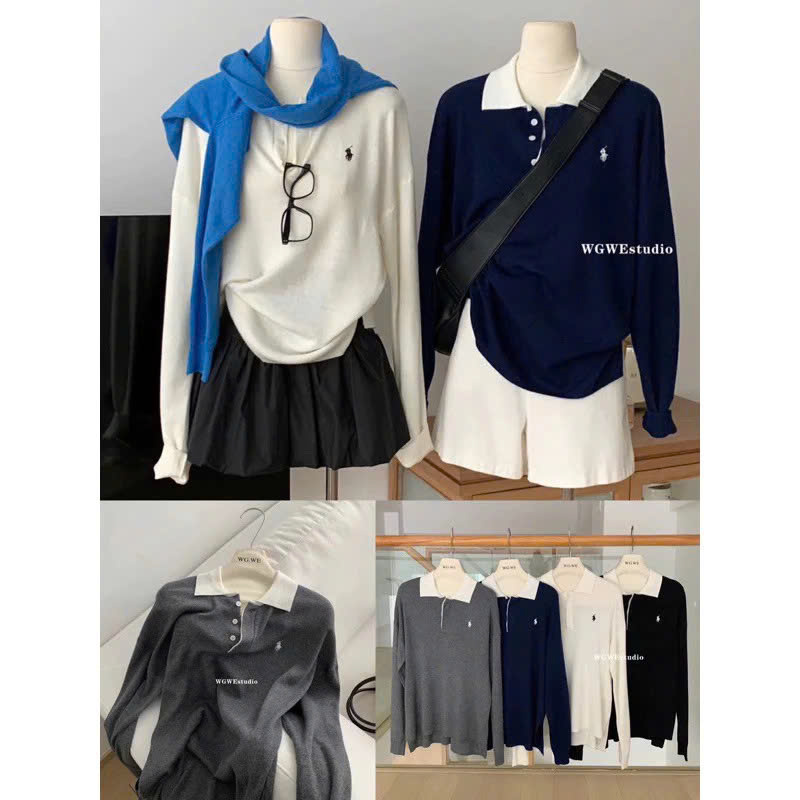 [WGWE] Áo len cổ lọ dáng rộng mùa thu kết hợp thêu tương phản phong cách cổ điển xẻ tà nữ W2329