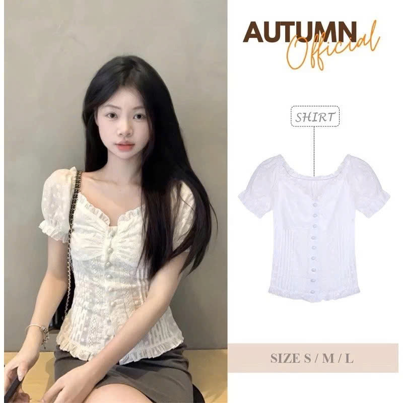 [Autumn] Áo sơ mi ren dáng ôm tay phồng xinh xắn phong cách mùa hè
