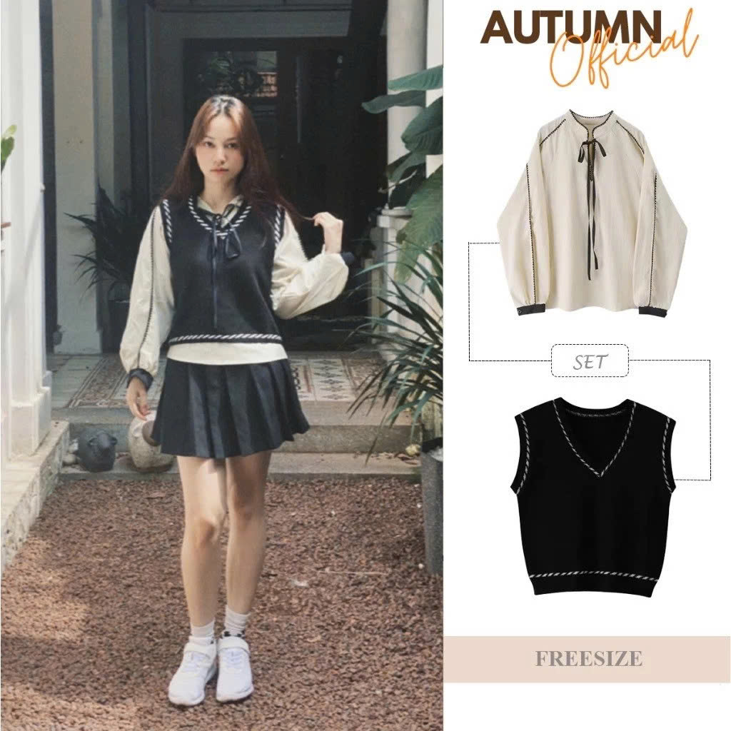 AUTUMN Set Áo Sơ Mi Nữ Chạy Viền Thắt Nơ Kèm Áo Gile Phối Layer Thời Trang