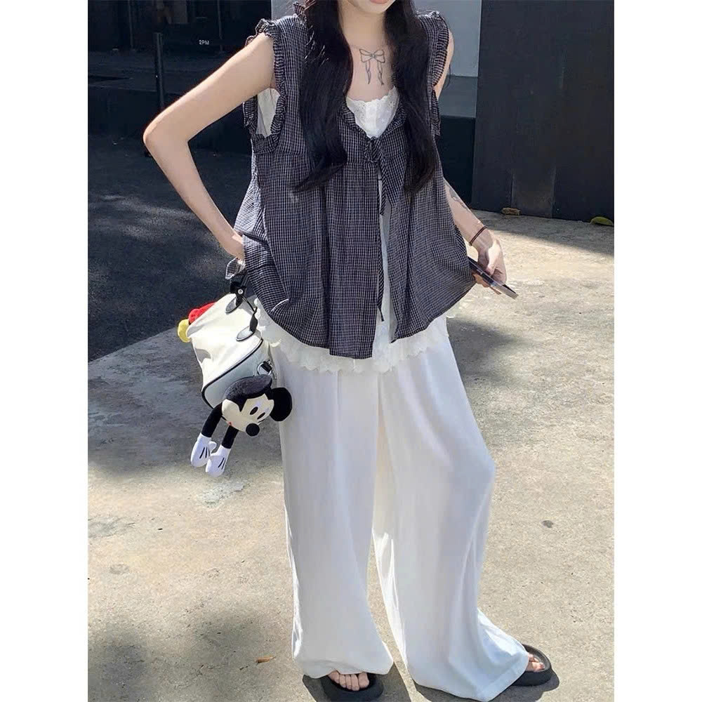[IMISS] Áo sơ mi nữ không tay giả hai lớp, phối ren và caro phong cách Hàn quốc, rộng rãi Z3073