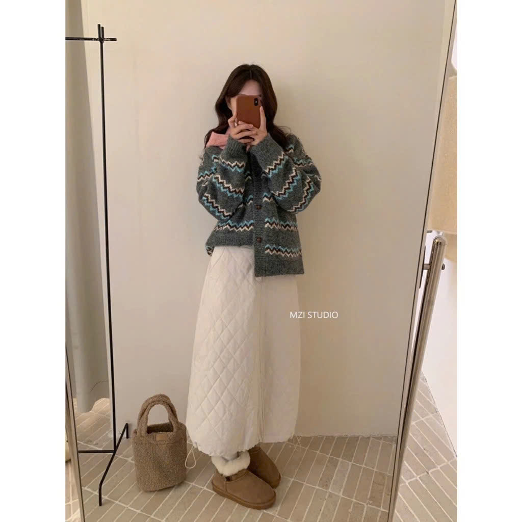 [M.ZI STUDIO] Váy nữ dài dặn dày cotton họa tiết hình thoi phiên bản chữ A, dáng chần bông 18137