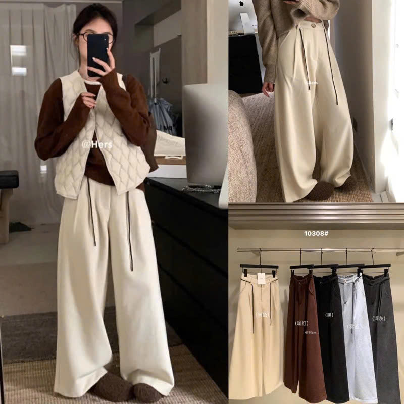 [Hers] Quần len dài lưng cao chất liệu dày ấm áp, phong cách đơn giản, cao cấp (có dây quần) 10308