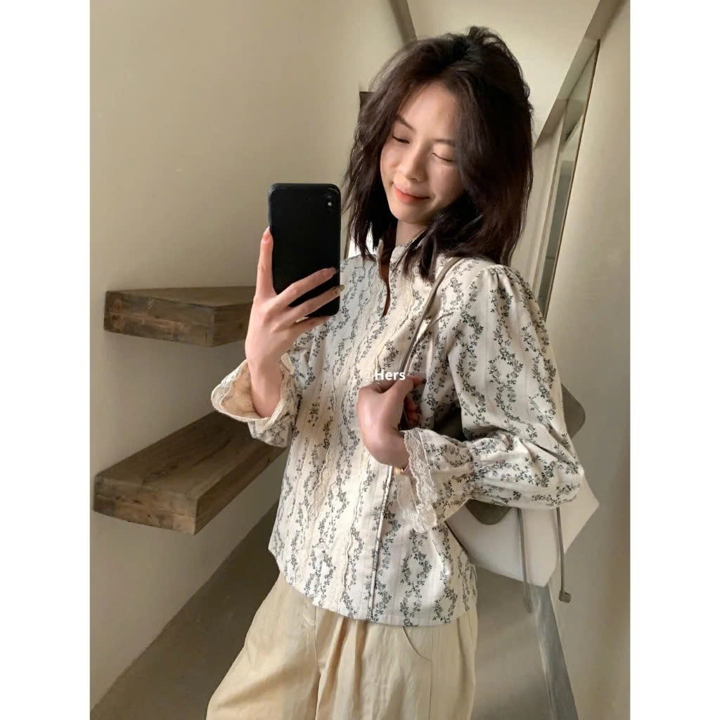 【Hers】Áo sơ mi tay bồng họa tiết hoa thêu ren tươi trẻ cổ điển mang phong cách thanh lịch 20253