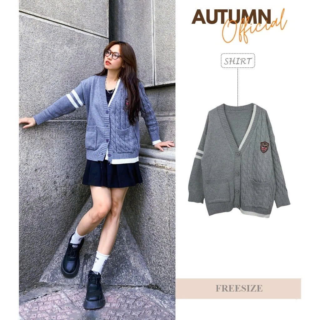 [Autumn] Áo khoác cardigan dệt kim cổ V hoạ tiết vặn thừng phong cách retro anh quốc