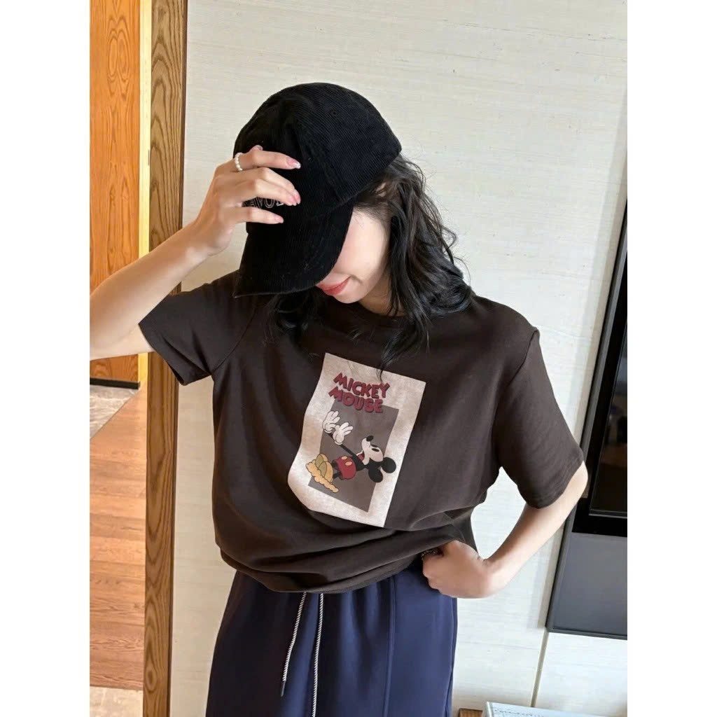 Áo thun Mickey in hình hoạt hình Mickey kiểu Hàn Quốc có vai phải ngắn tay đa năng 3677