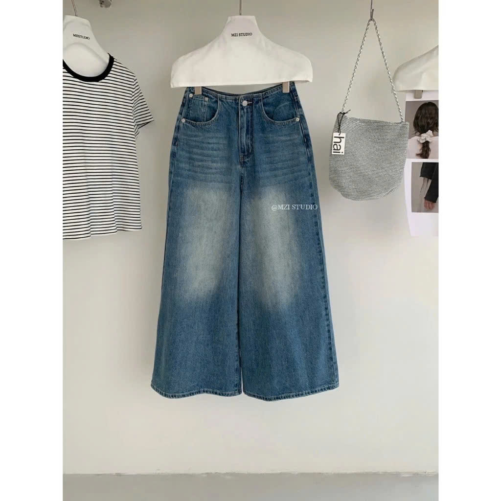 【M.ZI STUDIO】Quần ống rộng lưng cao ôm dáng phong cách Hàn Quốc mùa xuân hè màu xanh nhạt dành cho nữ MZ805