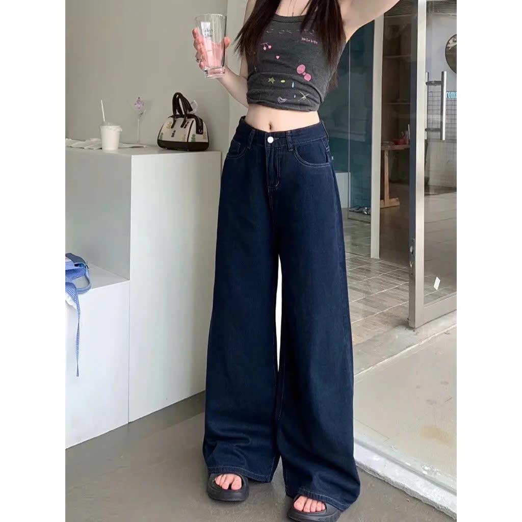 [AUTUMN] Quần jean ống rộng nữ phong cách retro màu xanh đậm, dáng dài ống suông rộng rãi, chất vải rũ 8622