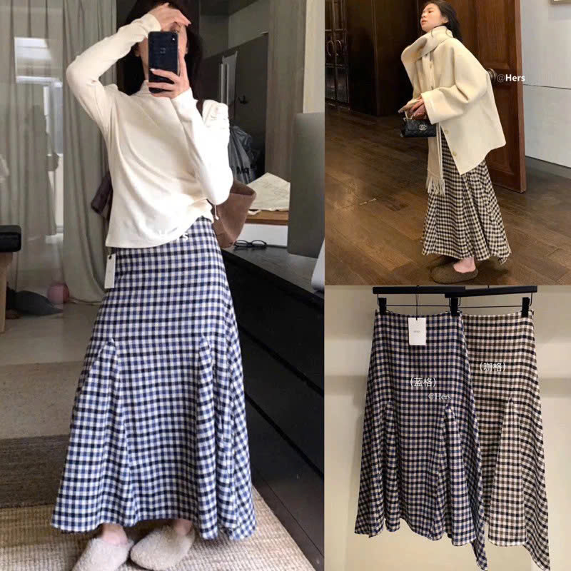 [Hers] Váy kẻ sọc caro cổ điển tà xếp ly tinh tế phong cách Hàn Quốc dày dặn chất lượng cao 10404