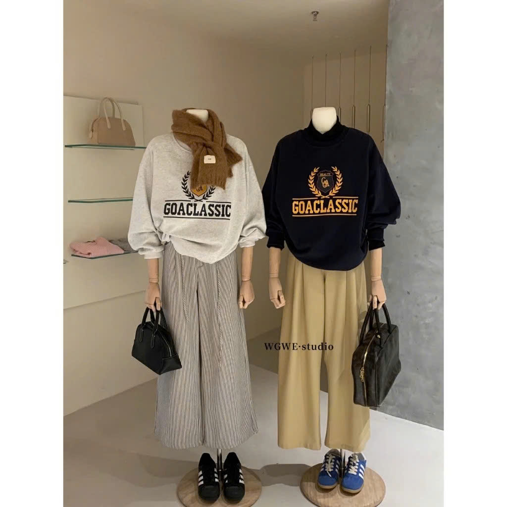 [WGWE] Sweater phong cách Mỹ nặng thêu chữ cổ tròn mới với nhung ấm áp dáng rộng giản dị W2515
