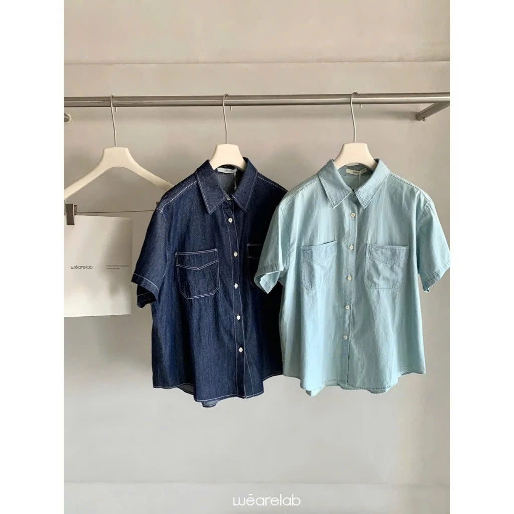 【WEARELAB】Áo sơ mi xanh denim Hàn Quốc cổ điển 23079