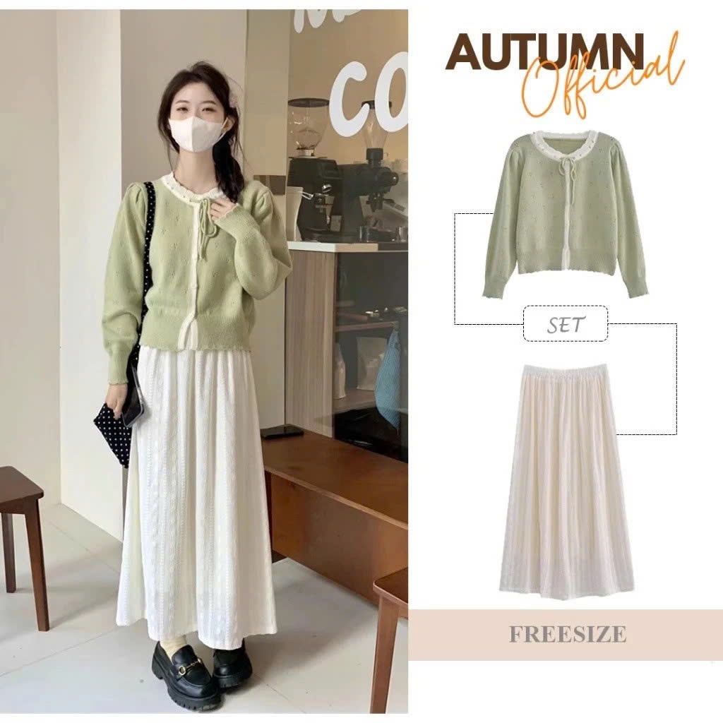 [Autumn] Set áo len cài cúc dây rút cổ phối váy dài ren phong cách hàn quốc
