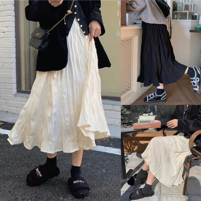 Chân váy nữ dài nhăn phong cách retro mùa thu Hàn Quốc có lót chất dày dặn basic mặc thường ngày