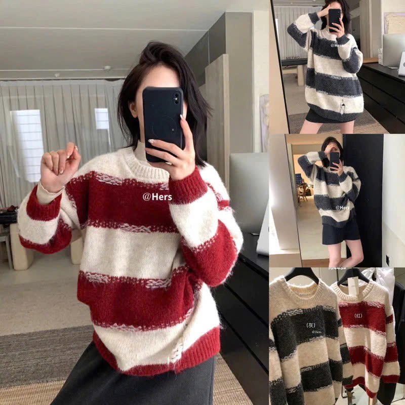 【Hers】Áo len dài tay sọc sờn trẻ trung, trendy, lạ mắt và độc đáo với chất liệu dày dặn ấm áp 10443