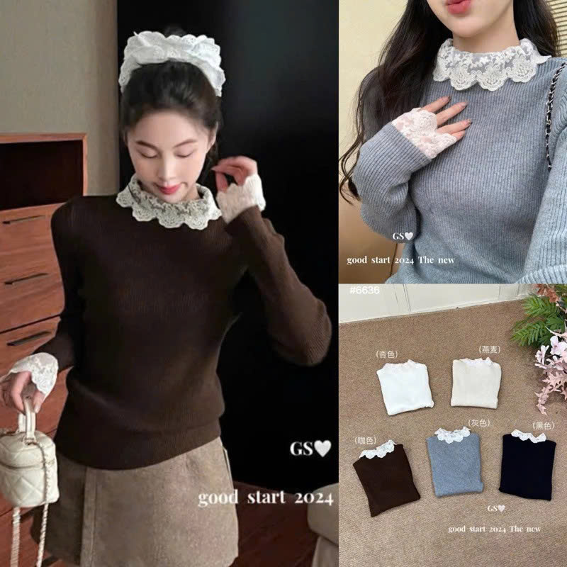 [GS.GOOD START] Áo len dệt kim mềm mại cổ cao phối ren kết hợp giữa sự sang trọng và thoải mái 6636