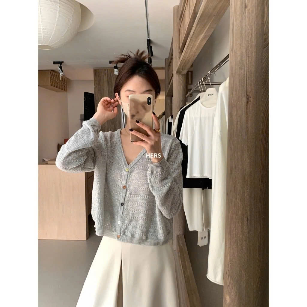 【Hers】Áo cardigan đan chống nắng thiết kế nút màu đơn giản và đa năng hàng ngày 20696# GLP
