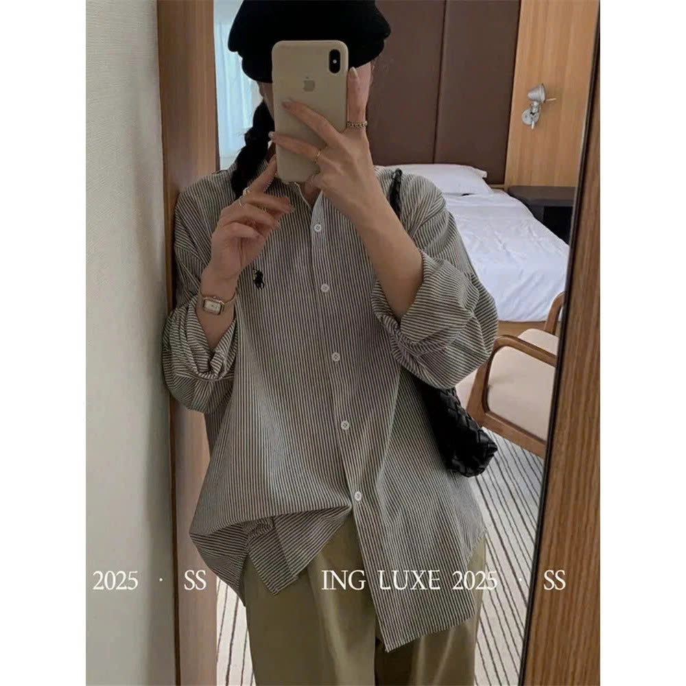 [ING] Áo sơ mi nữ dài tay kẻ sọc xanh phong cách Hàn Quốc, trẻ trung thoải mái dễ phối đồ 12521