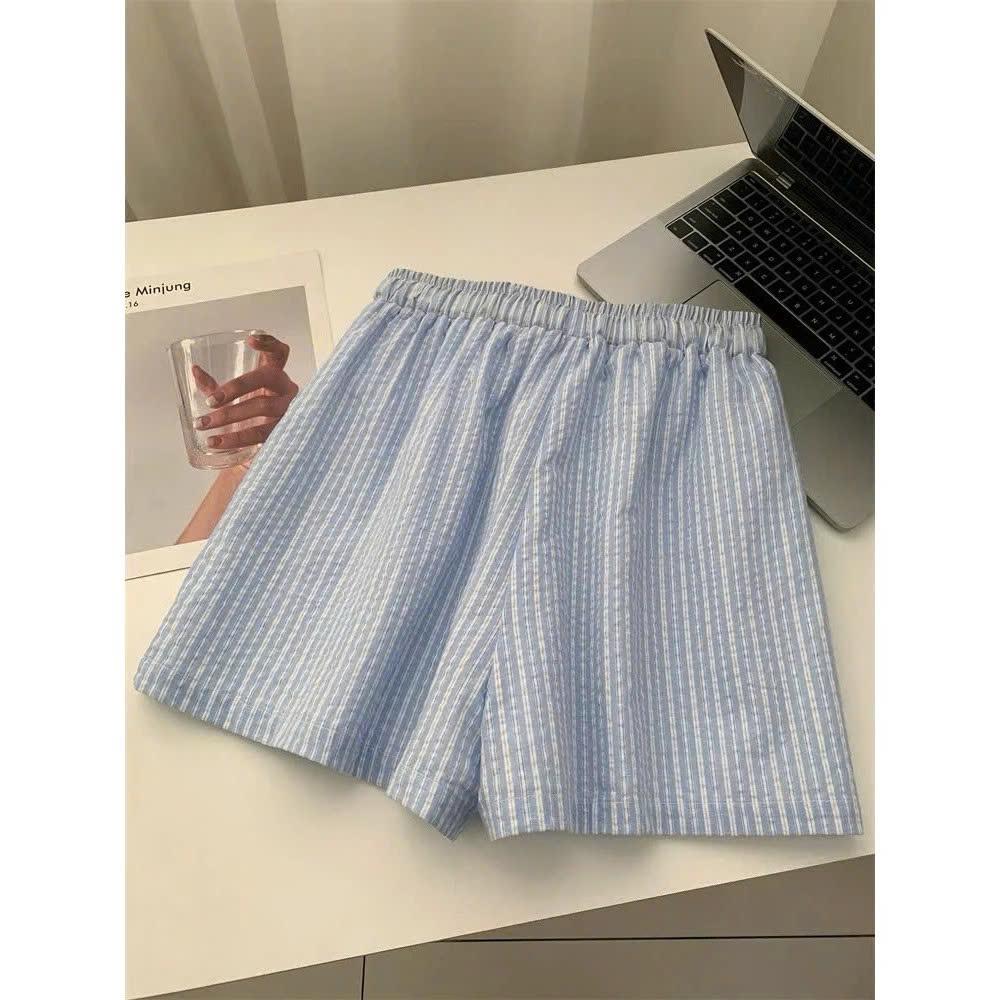 Quần short nữ kẻ sọc bằng vải cotton có dây rút dáng chữ A dễ phối đồ tôn dáng phong cách Hàn Quốc E1761