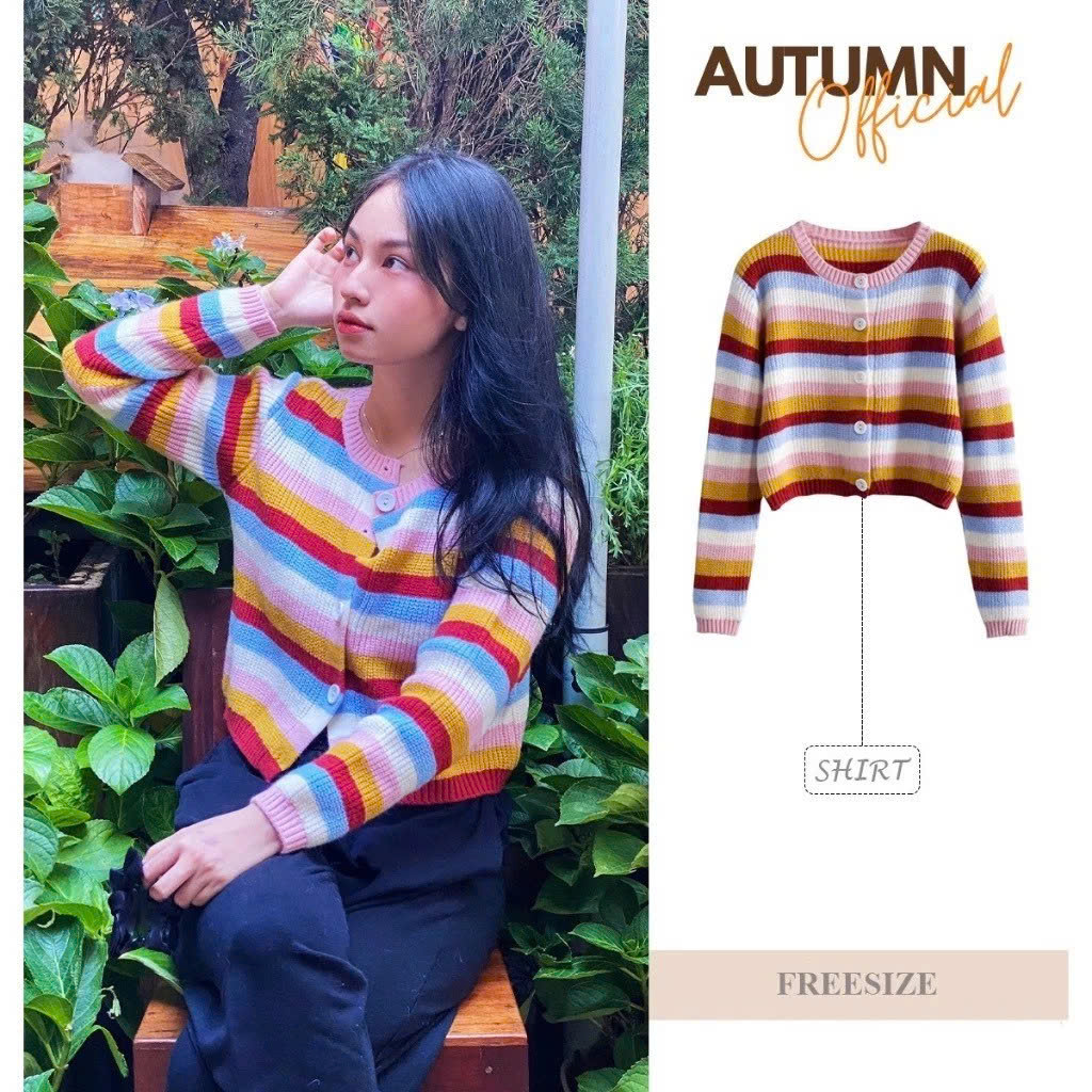 [Autumn] Áo cardigan len dệt kim dáng croptop hoạ tiết kẻ sọc cầu vồng