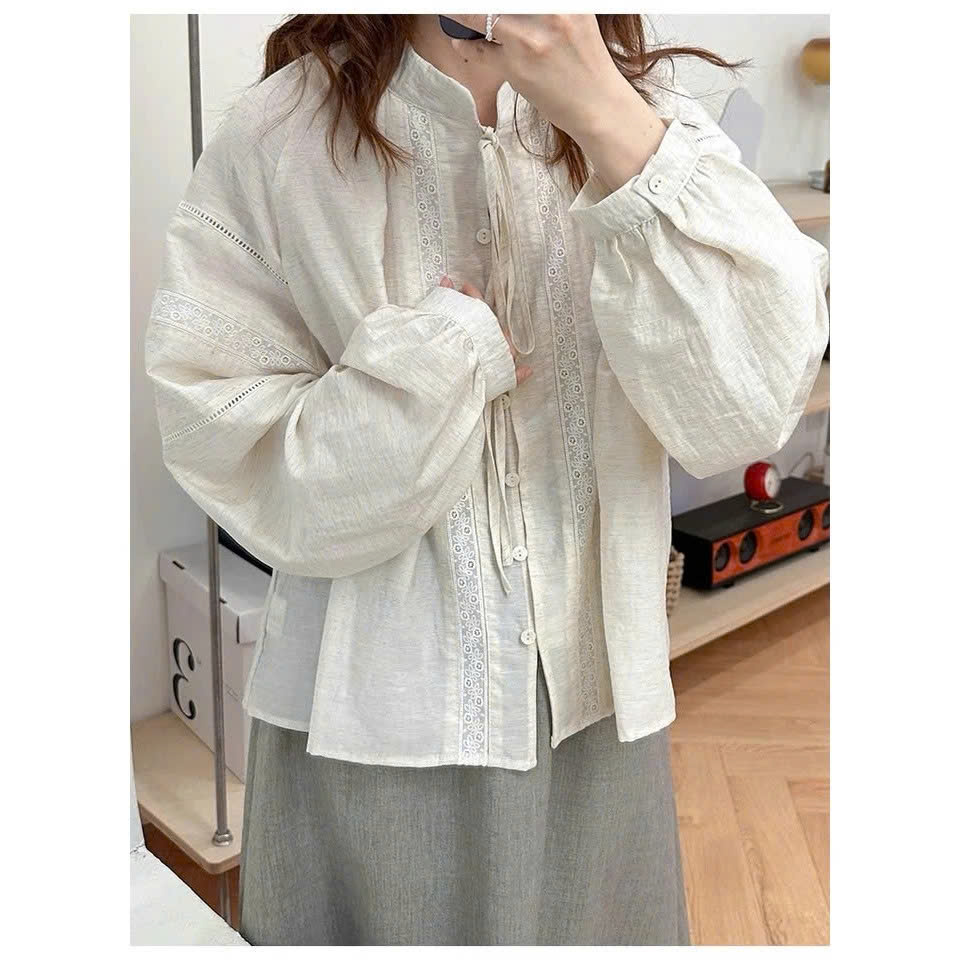 [Autumn] Áo sơ mi nữ cổ điển dài tay phối ren phong cách Hàn Quốc, sành điệu dễ phối đồ 60671