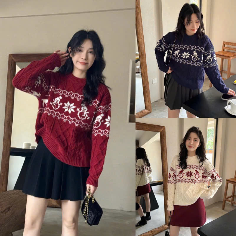 [KITTIN] Áo len chui đầu kiểu cổ điển không khí Giáng sinh Fair Isle jacquard cable JKLJ2146