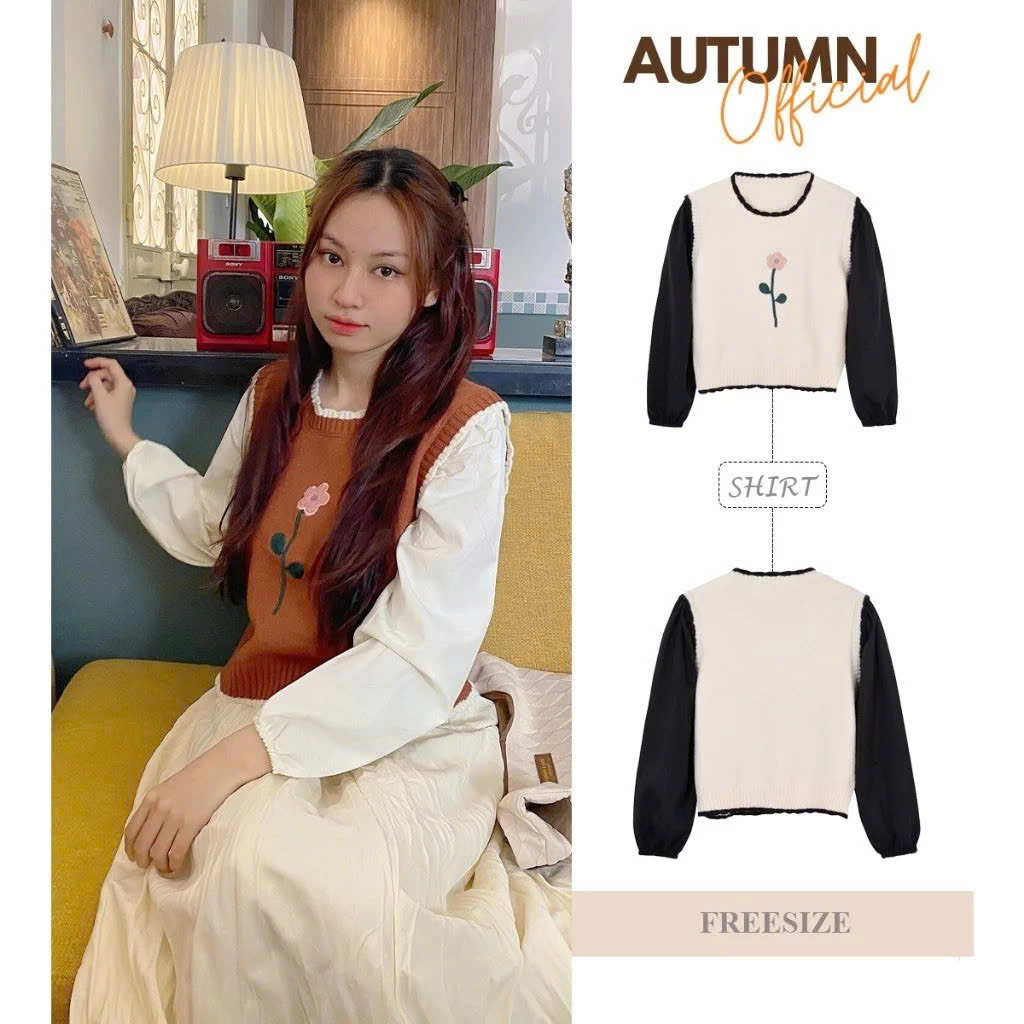 [Autumn] Áo len thêu hoa dài tay nổi viền dễ thương
